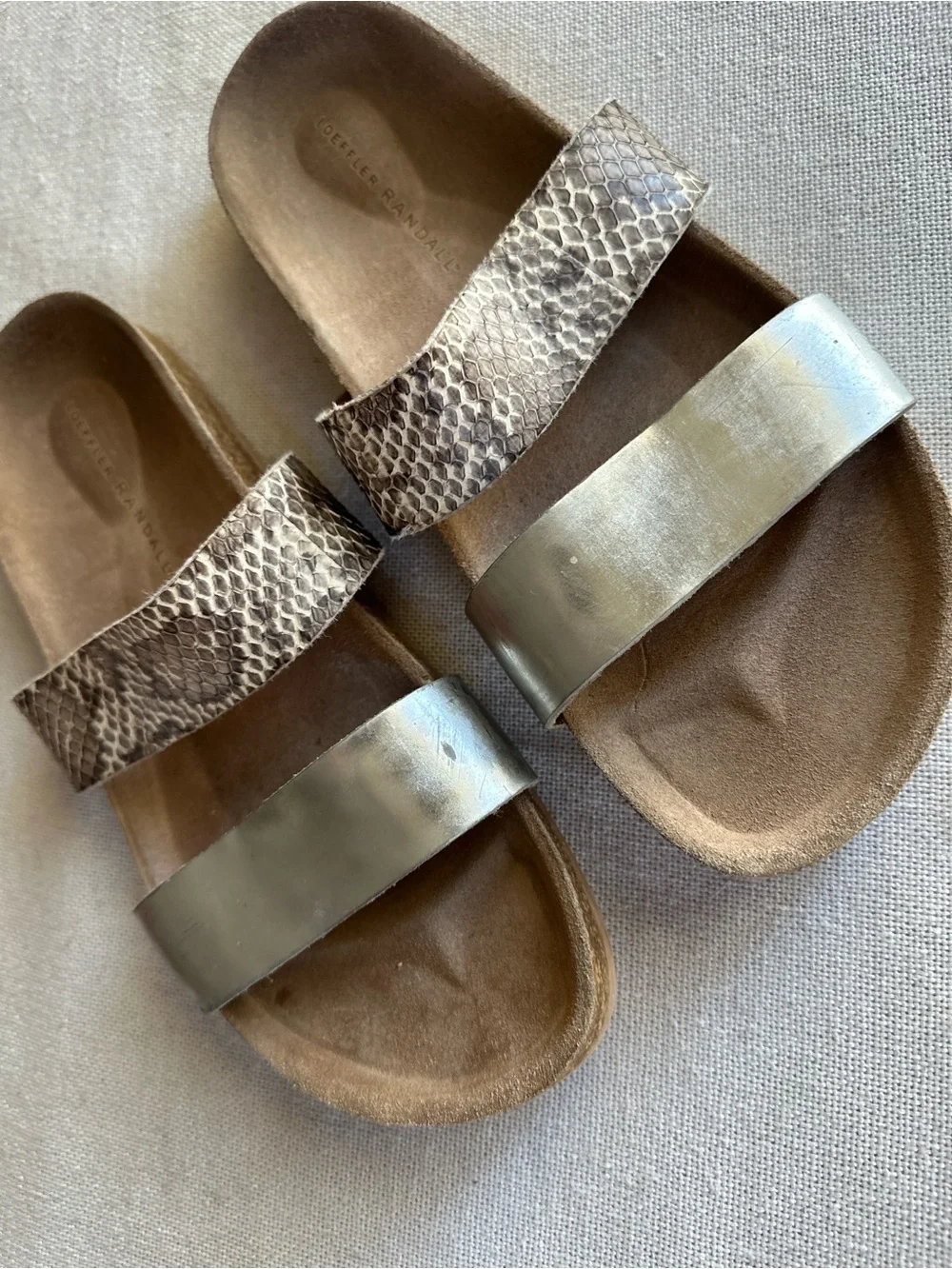 Loeffler Randall Paz Two-Strap Snakeskin & Metallic Slide Sandals | 8